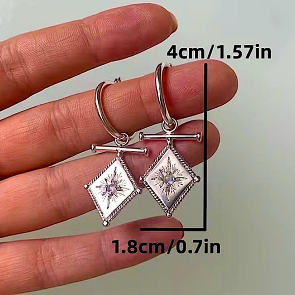 Silver North Star Starburst Zircon Dangle Drop Earrings - Picture 6 of 6